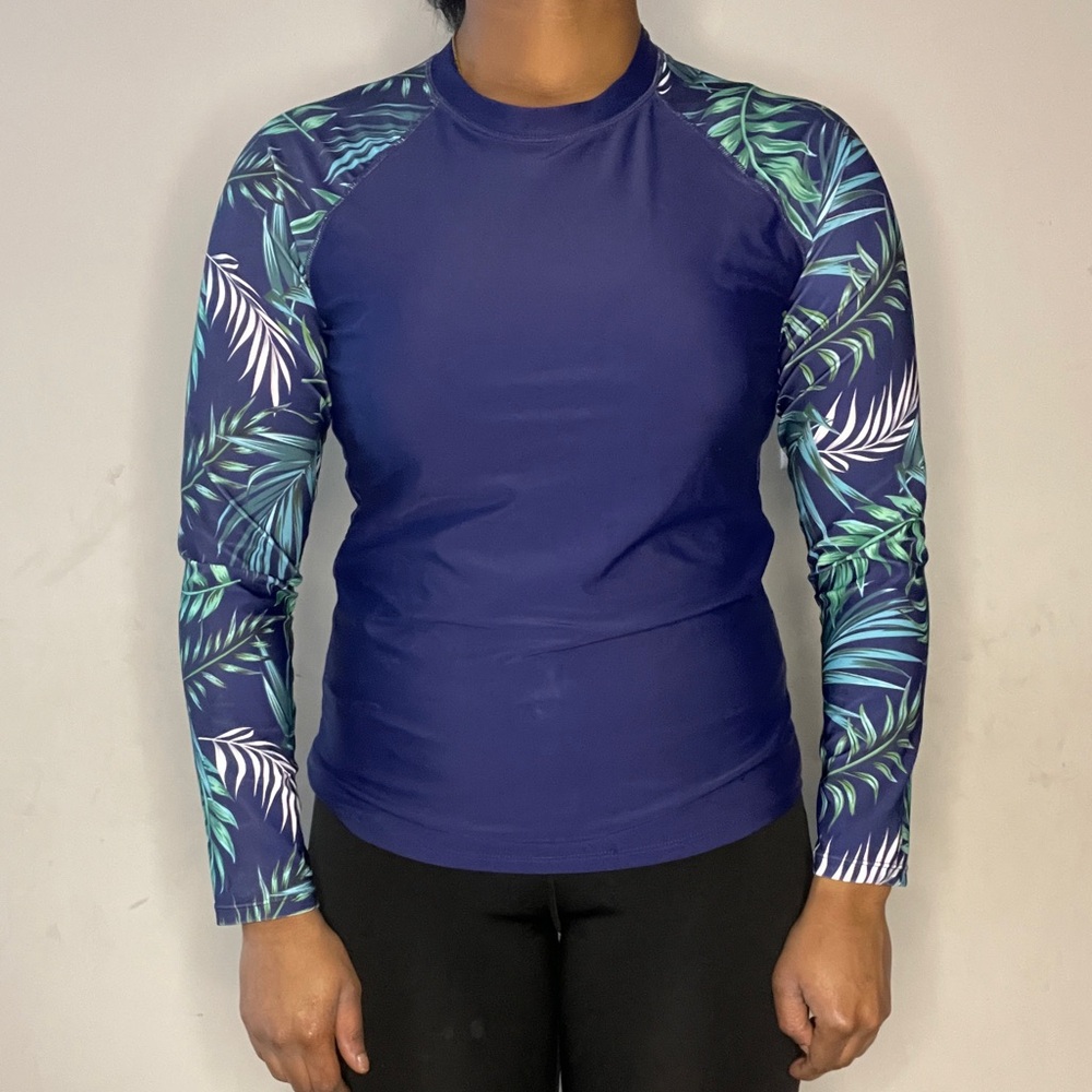 Navy and Leaf Print Long Sleeve Rash Guard